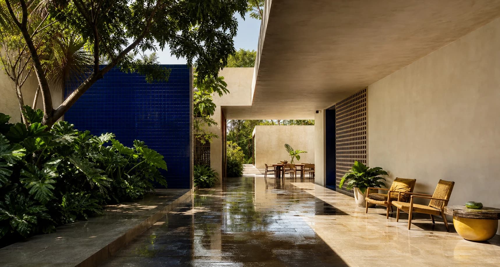 Rain-cleared tropical modernist courtyard