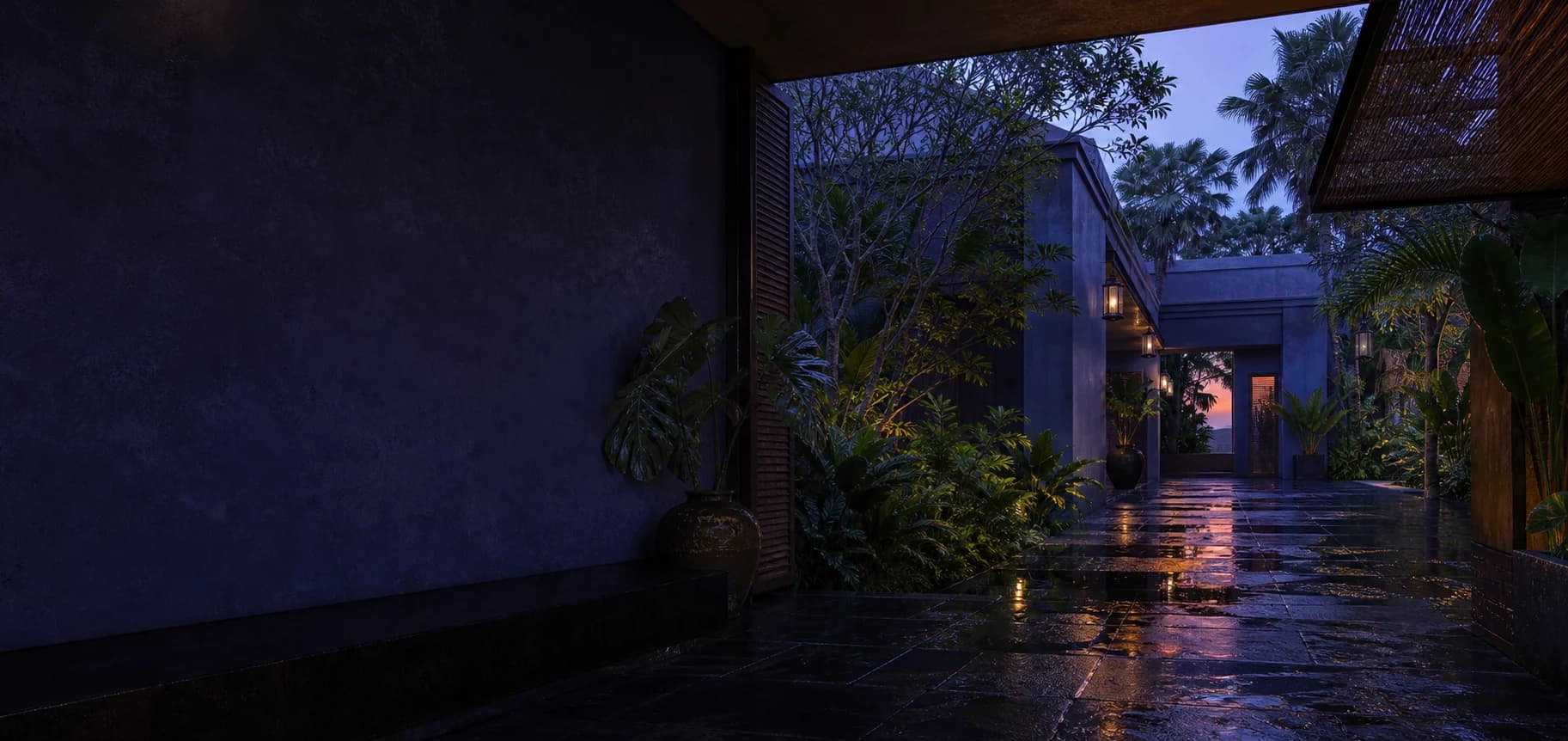 Tropical modernist passage at blue-violet dusk
