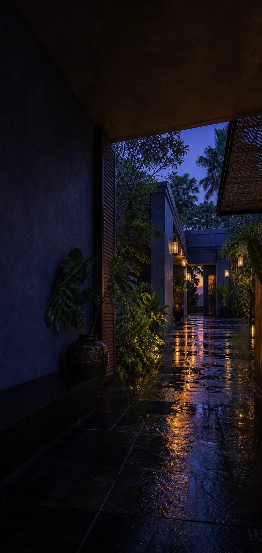 Wet garden passage glowing after dark