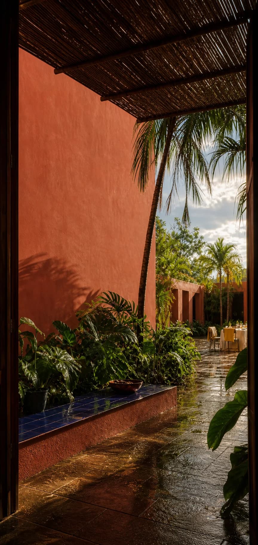 Papaya-colored masonry and palms after rain