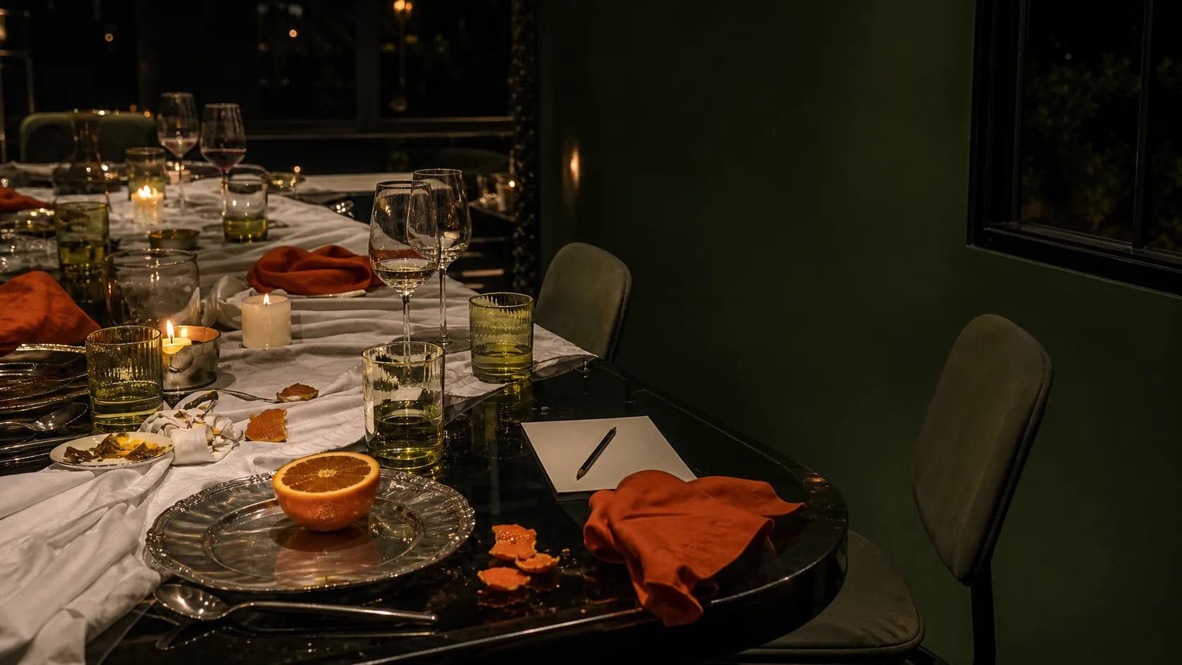Bottle-green dining room with citrus and chartreuse glass