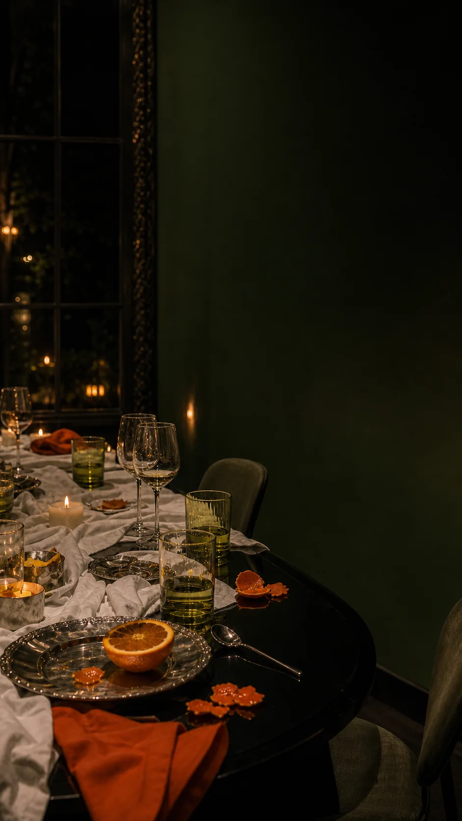 Citrus and candle remnants on a dark table