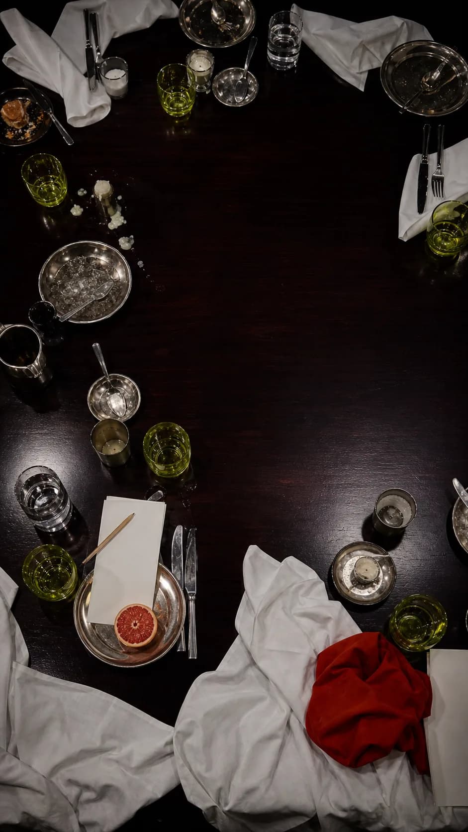 Close overhead view of linen and glassware